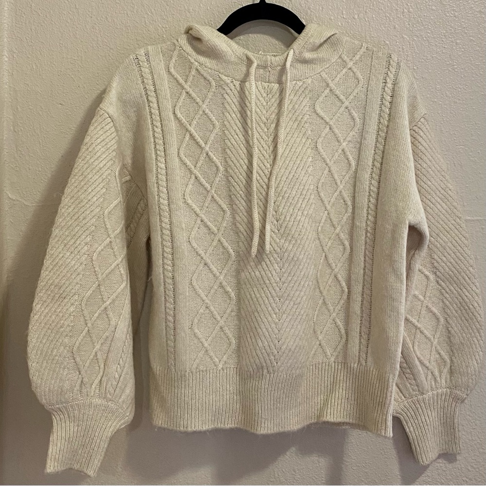Cream chunky knit hooded sweater balloon sleeves
